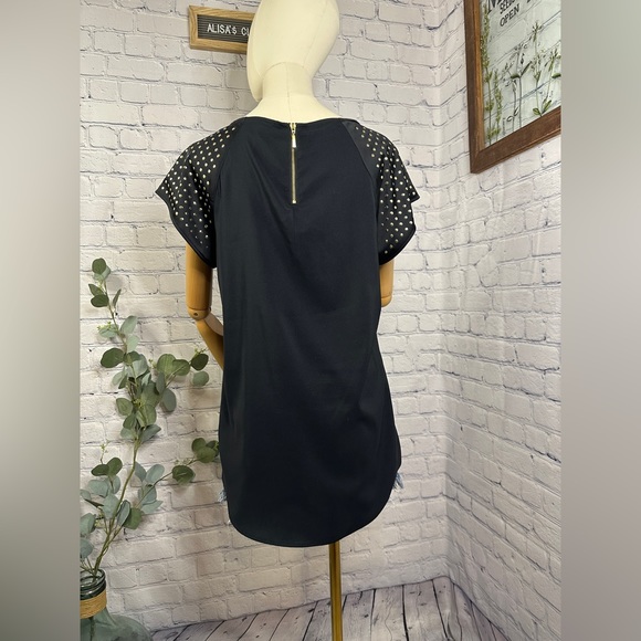 Express Black with Gold Studs Scoop Neck Short Sleeve blouse - Picture 4 of 6